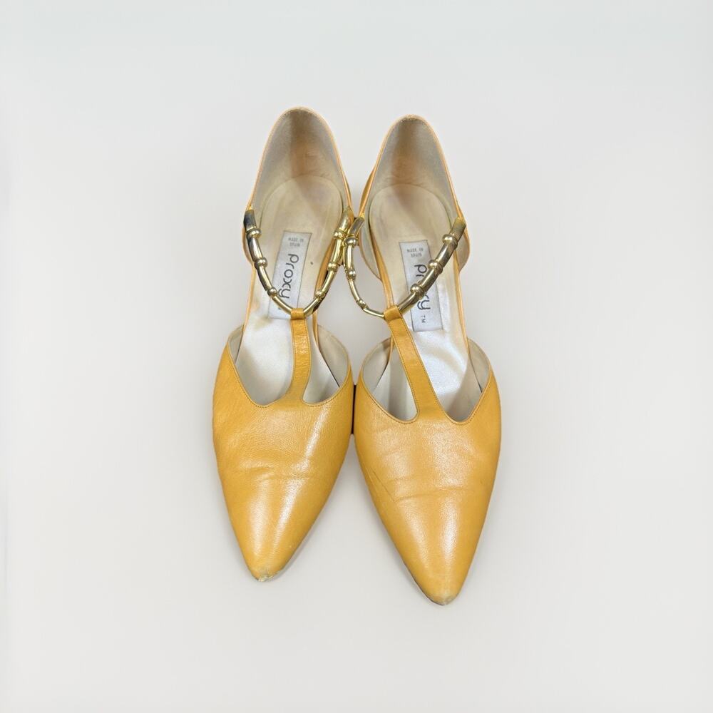 Proxy Women’s Leather Heels Size 10 Made in Spain Yellow Pointed Toe Strap